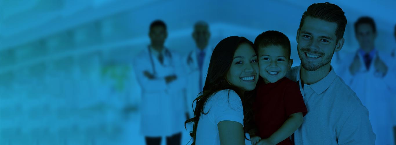 Happy family with doctors background